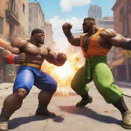 An epic scene where the Demoman from Team Fortress 2 is fiercely battling against Broly from Dragon Ball, both rendered in a vibrant Street Fighter style.