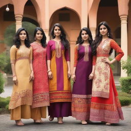 A group of Indian women wearing traditional kurtis