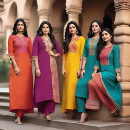 A group of Indian women wearing traditional kurtis