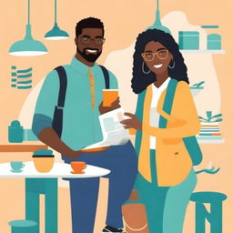 Create a book cover illustration featuring Lyana Harper, a young interior designer dressed in modern and casual attire, and Elijah, a travel photographer with a camera or backpack