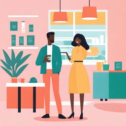 Create a book cover illustration featuring Lyana Harper, a young interior designer dressed in modern and casual attire, and Elijah, a travel photographer with a camera or backpack