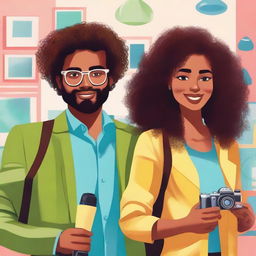 Illustration featuring Lyana Harper, a 26-year-old young interior designer, dressed in formal attire with voluminous curly hair, and Elijah, a 29-year-old travel photographer with olive skin and wavy hair, holding a camera or backpack