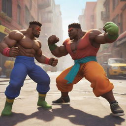 An epic scene where the Demoman from Team Fortress 2 is fiercely battling against Broly from Dragon Ball, both rendered in a vibrant Street Fighter style.