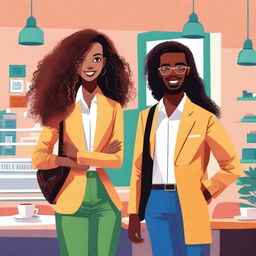 Illustration featuring Lyana Harper, a 26-year-old young interior designer, dressed in formal attire with voluminous curly hair, and Elijah, a 29-year-old travel photographer with olive skin and wavy hair, holding a camera or backpack