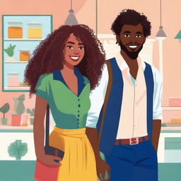 Illustration featuring Lyana Harper, a 26-year-old young interior designer, dressed in formal attire with voluminous curly hair, and Elijah, a 29-year-old travel photographer with olive skin and wavy hair, holding a camera or backpack