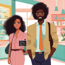 Illustration featuring Lyana Harper, a 26-year-old young interior designer, dressed in formal attire with voluminous curly hair, and Elijah, a 29-year-old travel photographer with olive skin and wavy hair, holding a camera or backpack