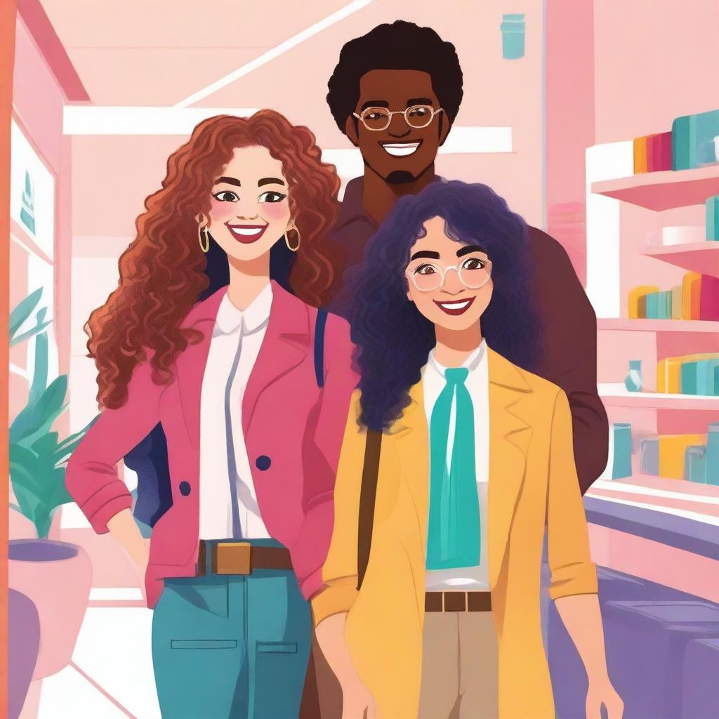 Illustration featuring Lyana Harper, a 26-year-old young interior designer, dressed in formal attire with voluminous curly hair, and Elijah, a 29-year-old travel photographer with light skin and wavy hair, holding a camera or backpack