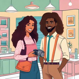 Illustration featuring Lyana Harper, a 26-year-old young interior designer, dressed in formal attire with voluminous curly hair, and Elijah, a 29-year-old travel photographer with light skin and wavy hair, holding a camera or backpack