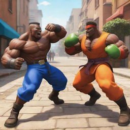 An epic scene where the Demoman from Team Fortress 2 is fiercely battling against Broly from Dragon Ball, both rendered in a vibrant Street Fighter style.