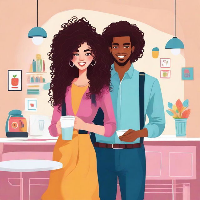 Illustration featuring Lyana Harper, a 26-year-old young interior designer, dressed in formal attire with voluminous curly hair, and Elijah, a 29-year-old travel photographer with light skin and wavy hair, holding a camera or backpack