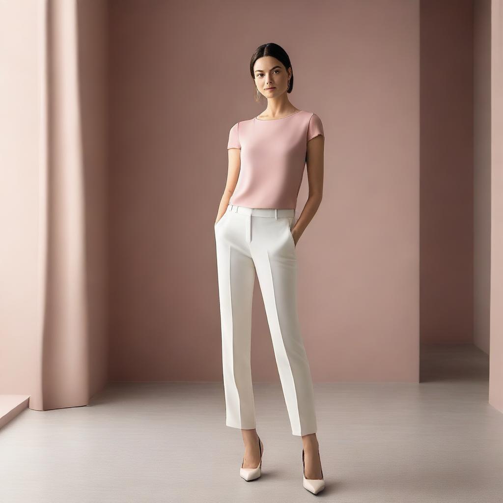 A woman in white pants and a pink top is posing for the camera in a modern, stylish setting