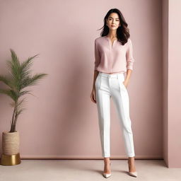 A woman in white pants and a pink top is posing for the camera in a modern, stylish setting