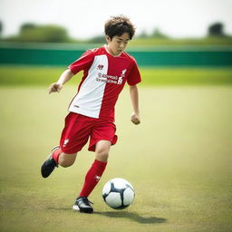 A teenage Japanese boy playing soccer on a field, wearing a Liverpool FC soccer kit