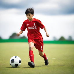 A teenage Japanese boy playing soccer on a field, wearing a Liverpool FC soccer kit