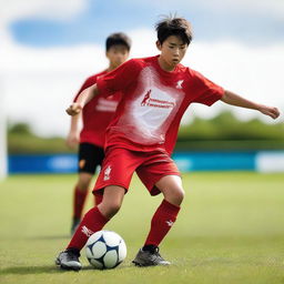 A teenage Japanese boy playing soccer on a field, wearing a Liverpool FC soccer kit