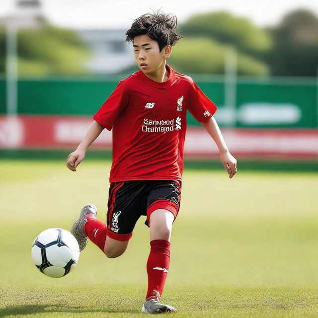 A teenage Japanese boy playing soccer on a field, wearing a Liverpool FC soccer kit