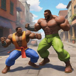 An epic scene where the Demoman from Team Fortress 2 is fiercely battling against Broly from Dragon Ball, both rendered in a vibrant Street Fighter style.