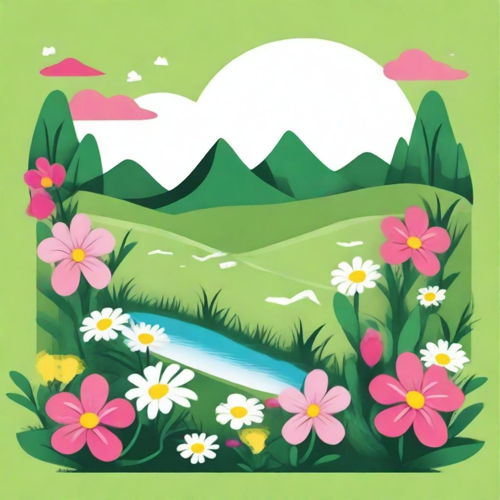 Create a graphic poster for a t-shirt featuring a vibrant scene with the ground blooming with colorful flowers and lush green grass, symbolizing purity and life