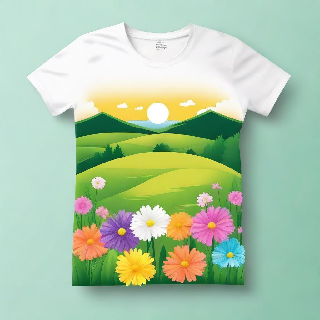 Create a graphic poster for a t-shirt featuring a vibrant scene with the ground blooming with colorful flowers and lush green grass, symbolizing purity and life