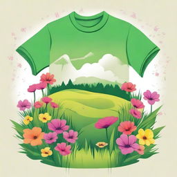 Create a graphic poster for a t-shirt featuring a vibrant scene with the ground blooming with colorful flowers and lush green grass, symbolizing purity and life