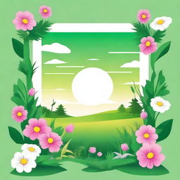 Create a graphic poster for a t-shirt featuring a vibrant scene with the ground blooming with colorful flowers and lush green grass, symbolizing purity and life