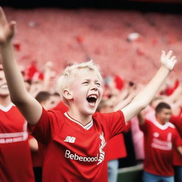 A young 13-year-old blonde boy who is a Liverpool FC fan, wearing a Liverpool FC jersey