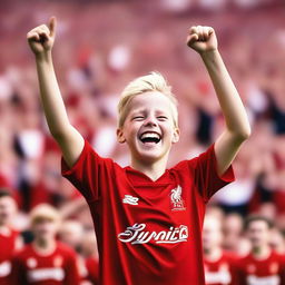 A young 13-year-old blonde boy who is a Liverpool FC fan, wearing a Liverpool FC jersey