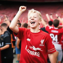 A young 13-year-old blonde boy who is a Liverpool FC fan, wearing a Liverpool FC jersey