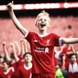 A young 13-year-old blonde boy who is a Liverpool FC fan, wearing a Liverpool FC jersey