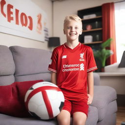 A 13-year-old blonde boy, a Liverpool FC fan, wearing a Liverpool FC jersey