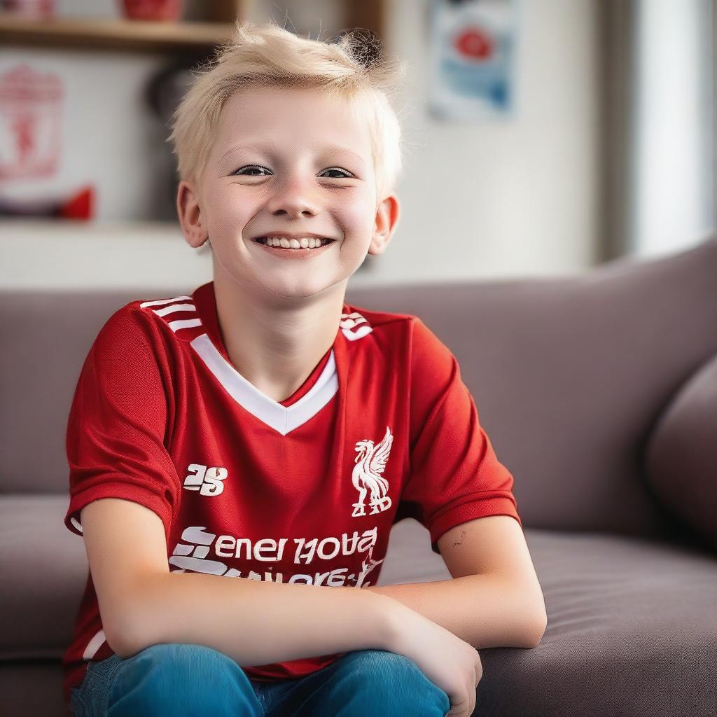 A 13-year-old blonde boy, a Liverpool FC fan, wearing a Liverpool FC jersey