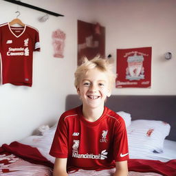 A 13-year-old blonde boy, a Liverpool FC fan, wearing a Liverpool FC jersey