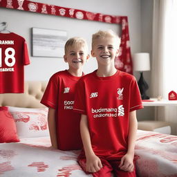 A 13-year-old blonde boy, a Liverpool FC fan, wearing a Liverpool FC jersey