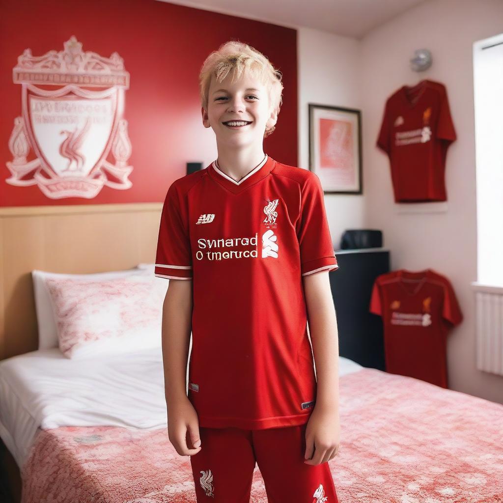 A 13-year-old blonde boy, a Liverpool FC fan, wearing a Liverpool FC jersey