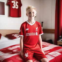 A 13-year-old blonde boy, a Liverpool FC fan, wearing a Liverpool FC jersey