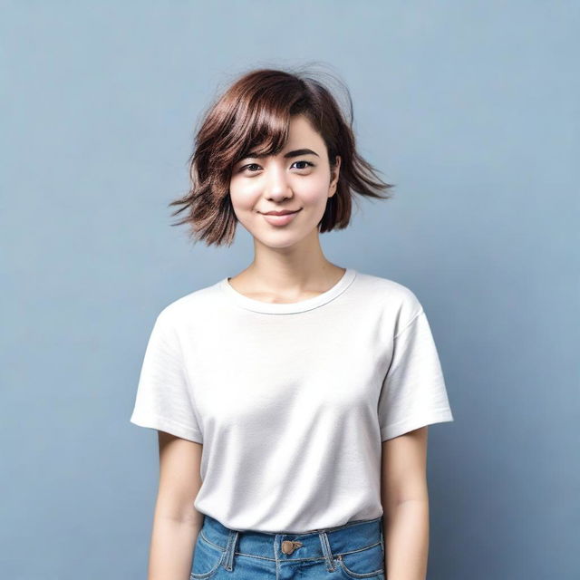 A full-length image of a girl with short hair, standing confidently