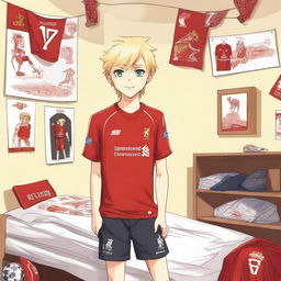 An anime-style illustration of a 13-year-old blonde boy who is a Liverpool FC fan, wearing a Liverpool FC jersey