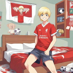 An anime-style illustration of a 13-year-old blonde boy who is a Liverpool FC fan, wearing a Liverpool FC jersey