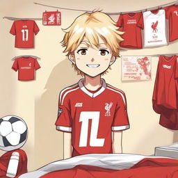 An anime-style illustration of a 13-year-old blonde boy who is a Liverpool FC fan, wearing a Liverpool FC jersey