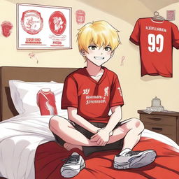 An anime-style illustration of a 13-year-old blonde boy who is a Liverpool FC fan, wearing a Liverpool FC jersey