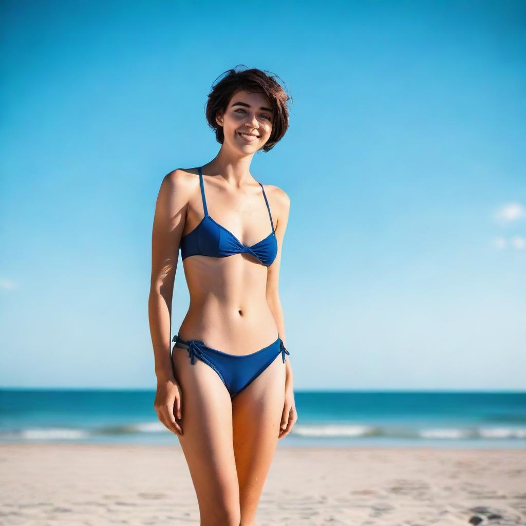 A full-length image of a girl with short hair, standing confidently in a bikini