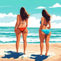 Two women with large buttocks wearing swimsuits are standing at a sunny beach, with the ocean waves gently crashing in the background