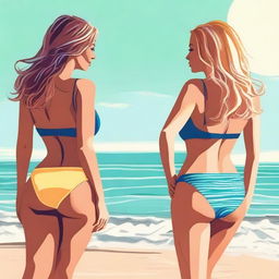 Two women with large buttocks wearing swimsuits are standing at a sunny beach, with the ocean waves gently crashing in the background