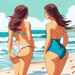 Two women with large buttocks wearing swimsuits are standing at a sunny beach, with the ocean waves gently crashing in the background