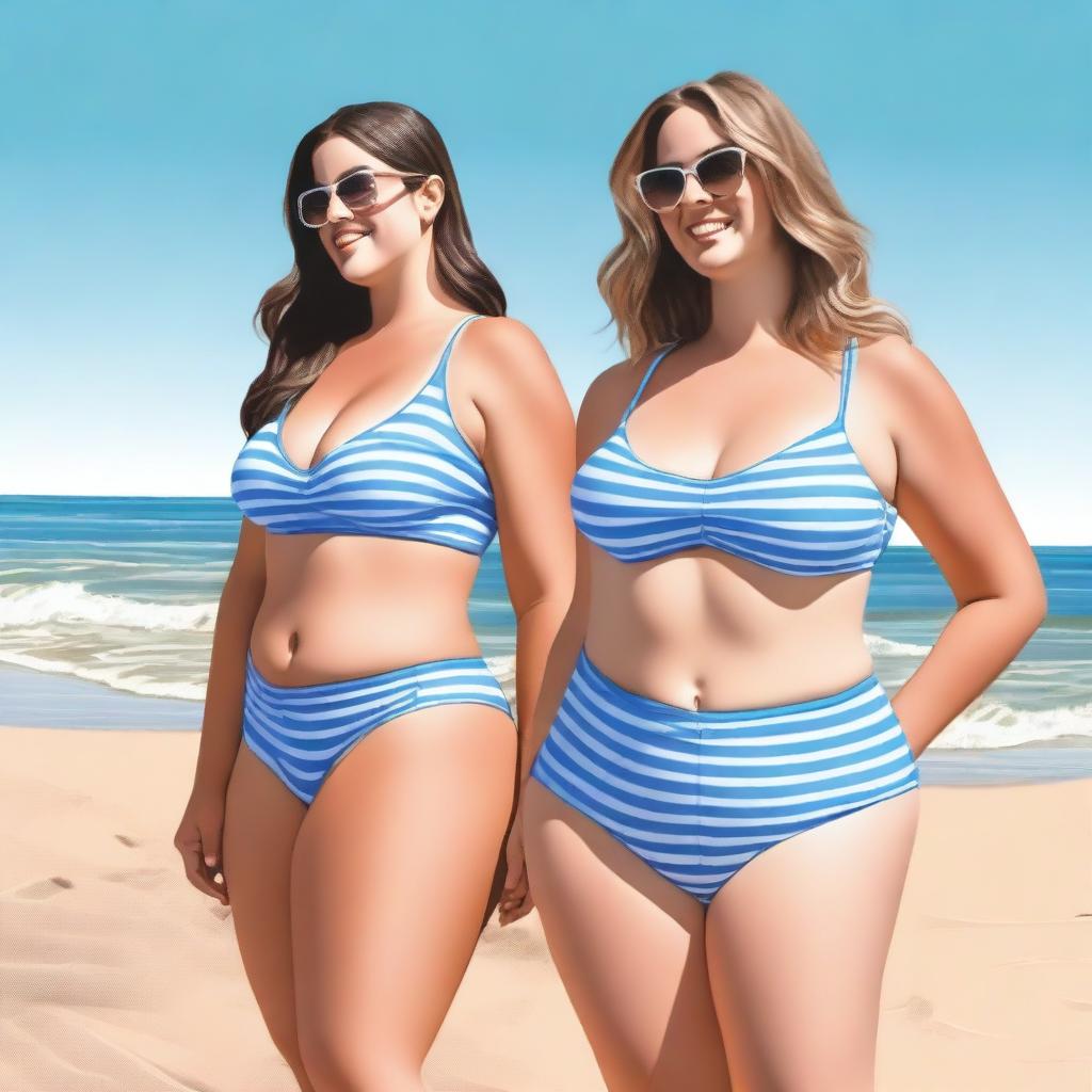 A realistic image of two women with noticeable curves in swimsuits standing on a beach