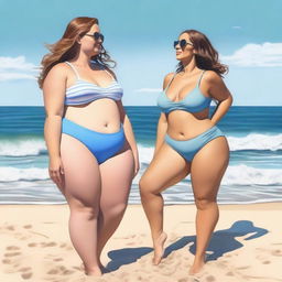 A realistic image of two women with noticeable curves in swimsuits standing on a beach