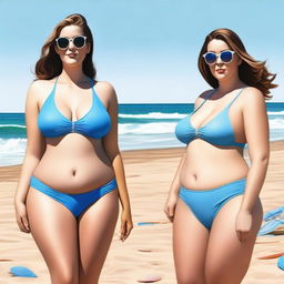 A realistic image of two women with noticeable curves in swimsuits standing on a beach