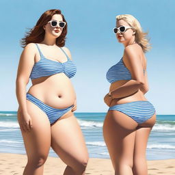 A realistic image of two women with noticeable curves in swimsuits standing on a beach