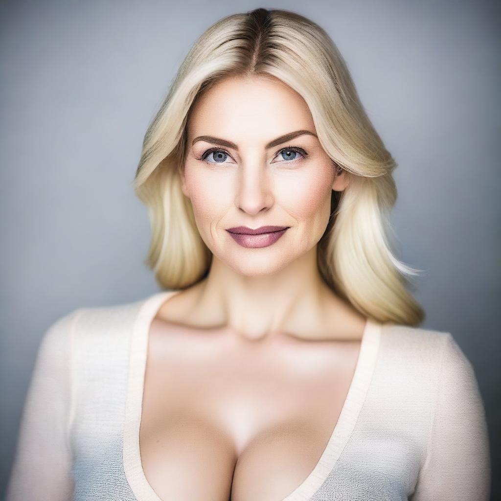 A portrait of a blonde woman with large breasts