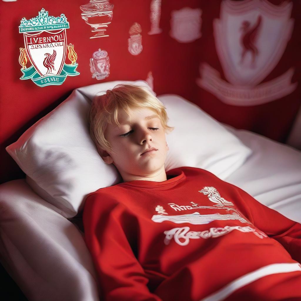 A 13-year-old blonde boy, a Liverpool FC fan, wearing a Liverpool FC jersey, sleeping peacefully at night